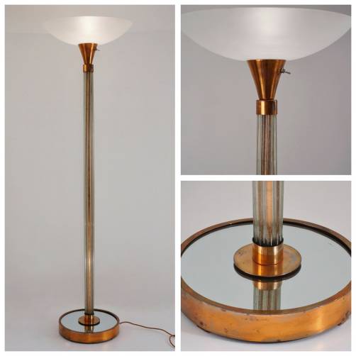 Art deco floor lamp torchiere, glass & copper on brass, 1930`s, English